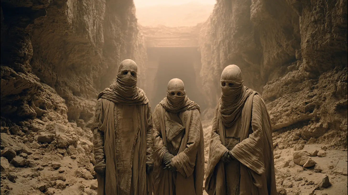 Three cave guardians in robes before an ancient ritual cube