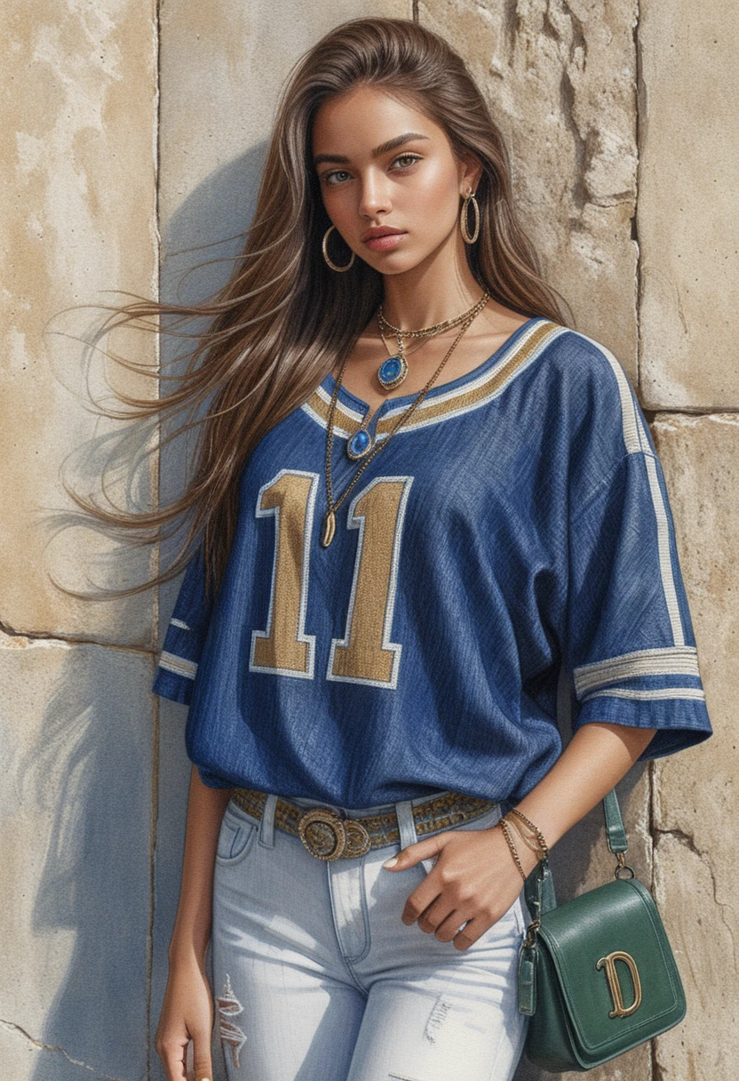 Giovane donna con maglia blu appoggiata a un muro di pietra