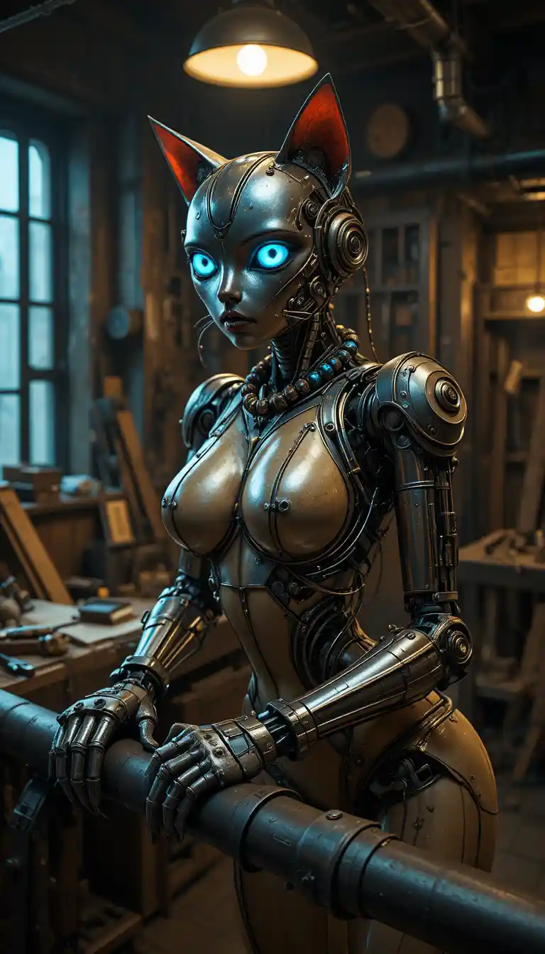 薄暗い工房で身をかがめるスチームパンクの猫型ロボット女性