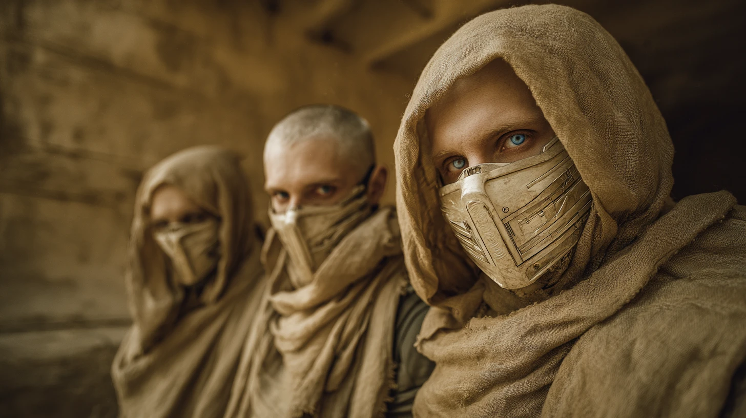 Cave monks guarding a sacred cube in rocky canyon