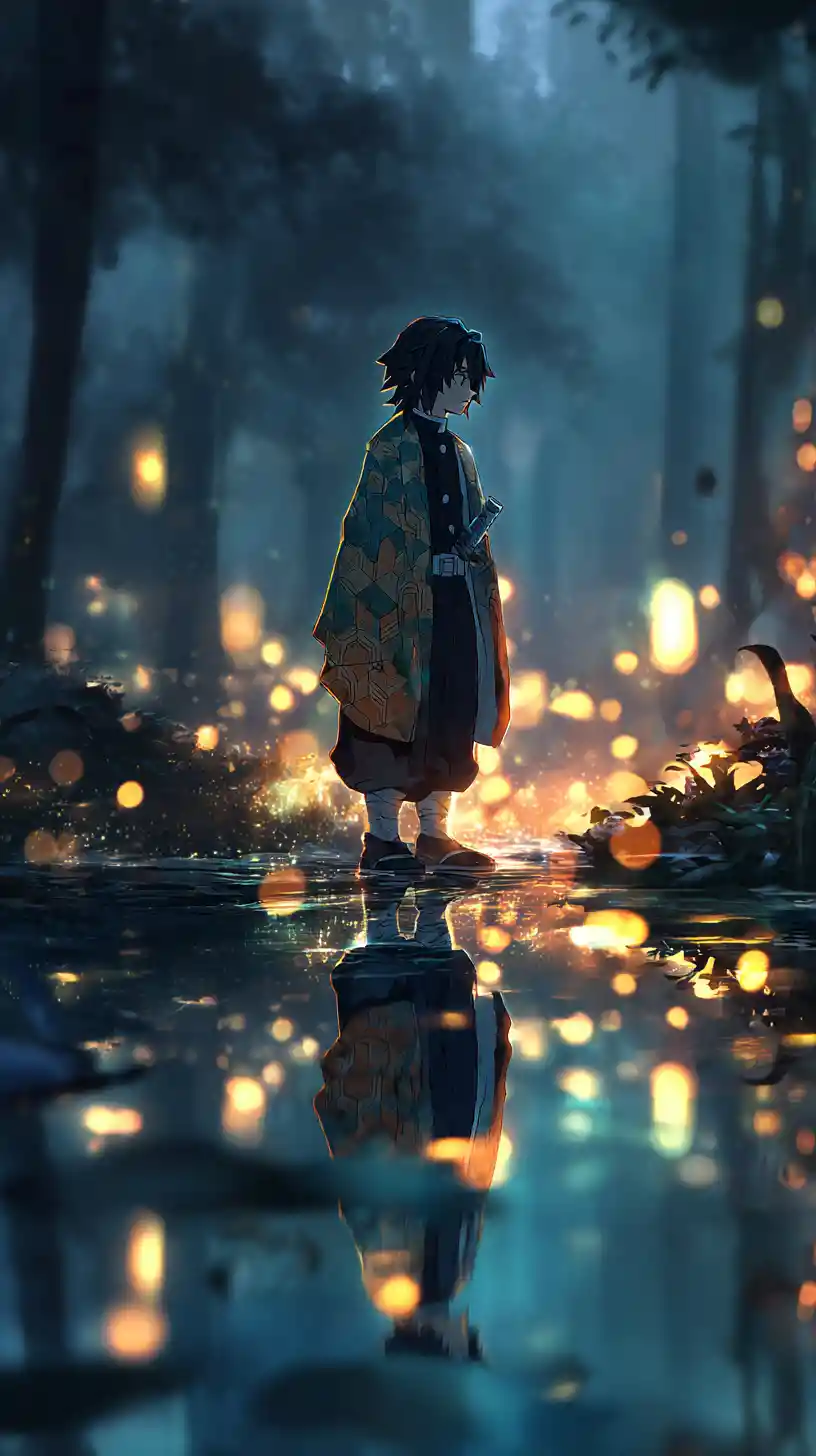 月光森林水面倒映的羽織系少年動漫角色