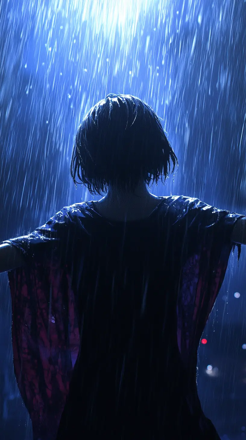 Anime girl embracing the rain under a glowing halo light