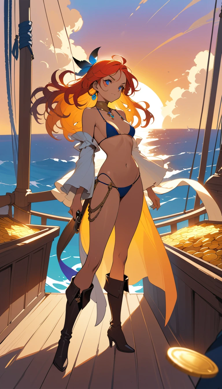 Confident female pirate on ship deck at sunset