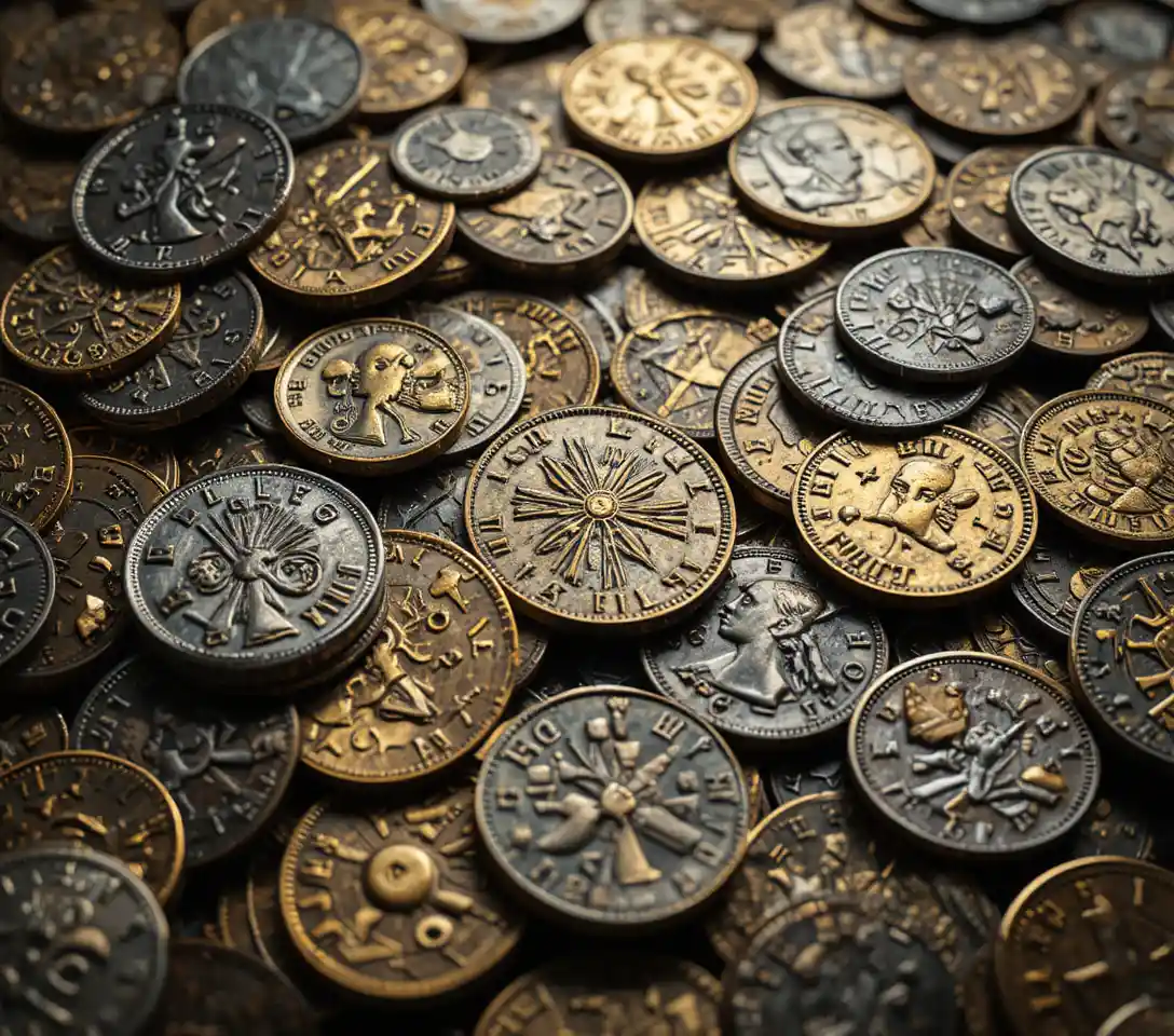 Close-up macro de moedas de ouro e prata da Roma antiga