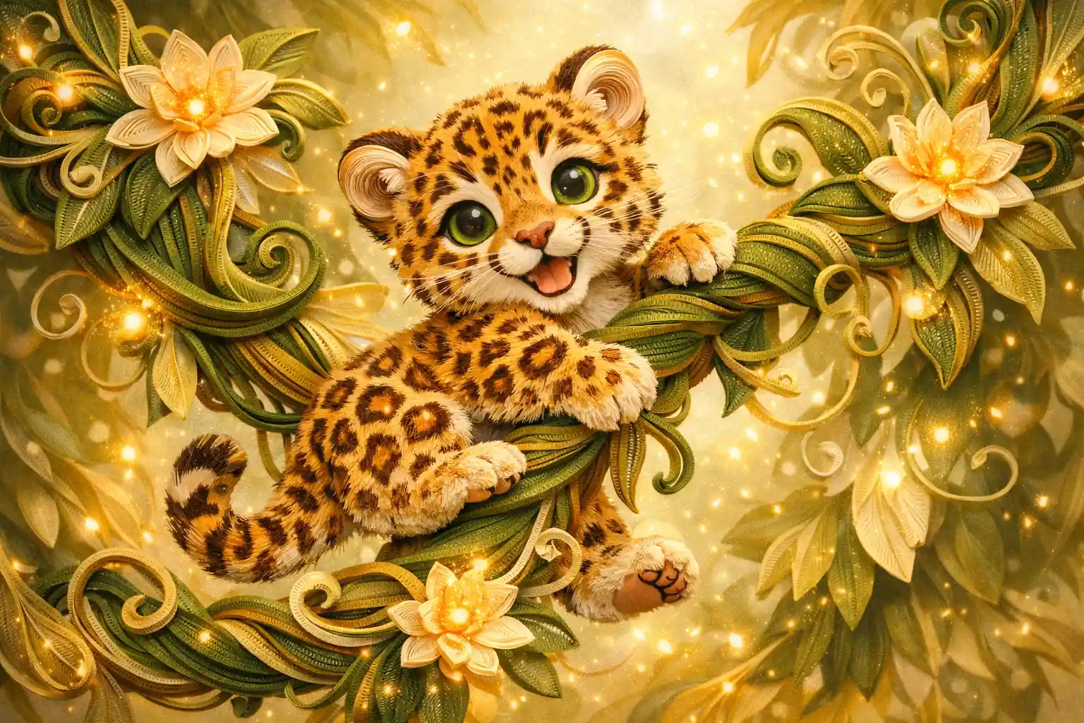 Cucciolo di giaguaro in quilling di carta fantasioso che scala una liana nella giungla