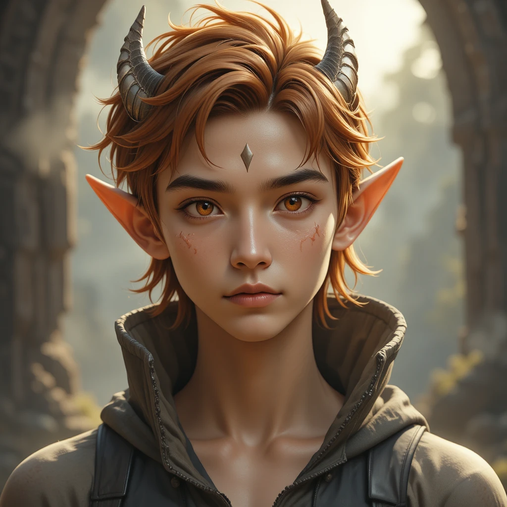 Giovane ragazzo fantasy con corna da drago e ali da fata