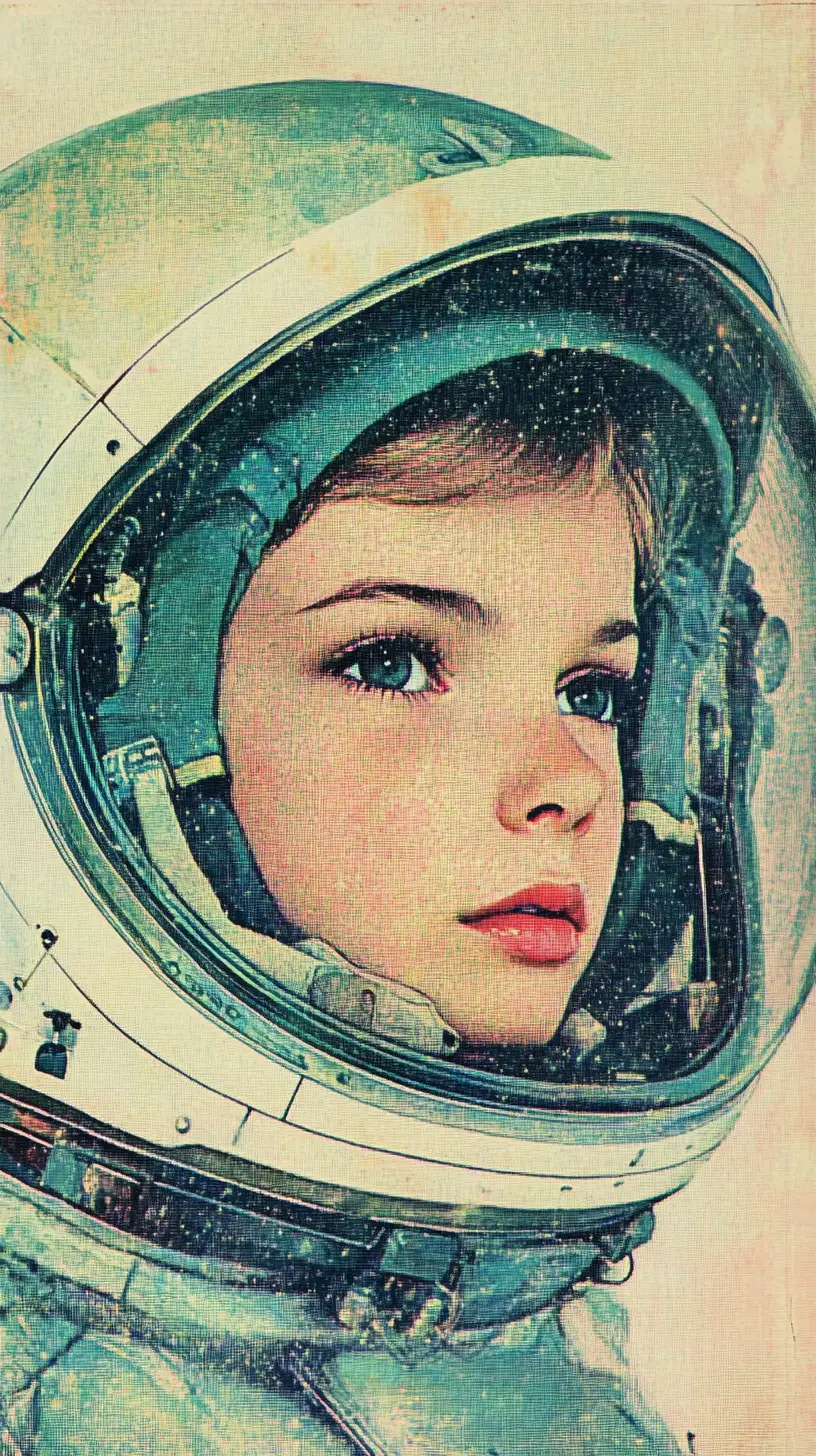 ビジエ風の点描で描かれた宇宙飛行士ヘルメットのバイザーに映る小さな少女