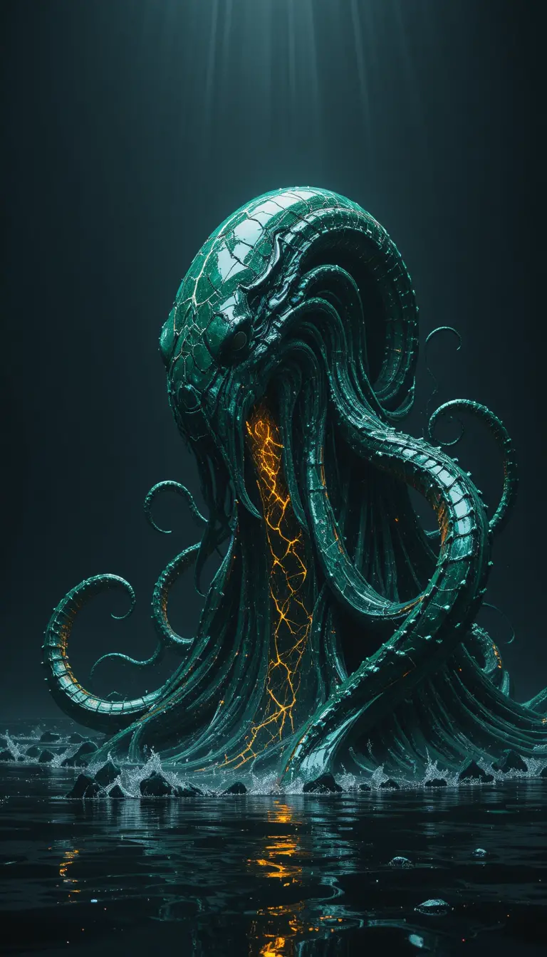Kraken Colossal en Malachite Émergeant d’une Mer de Marbre Noir