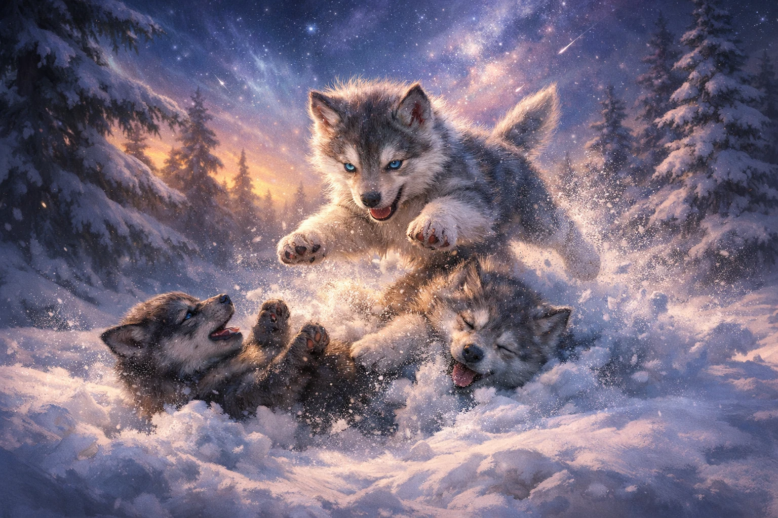 暮色雪林中嬉戲跳躍的小狼