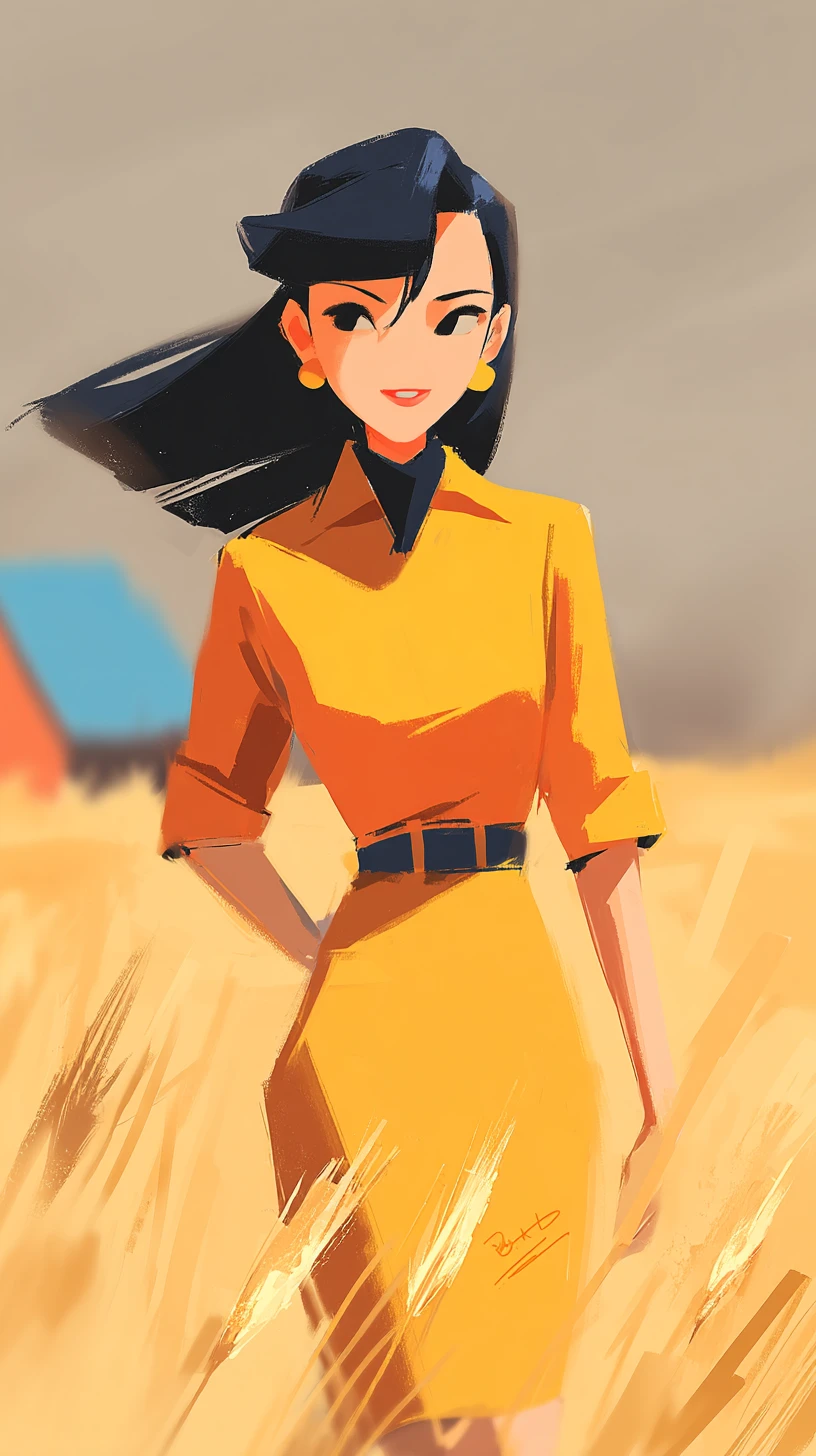 Fantasy woman walking through a windy field in soft colors