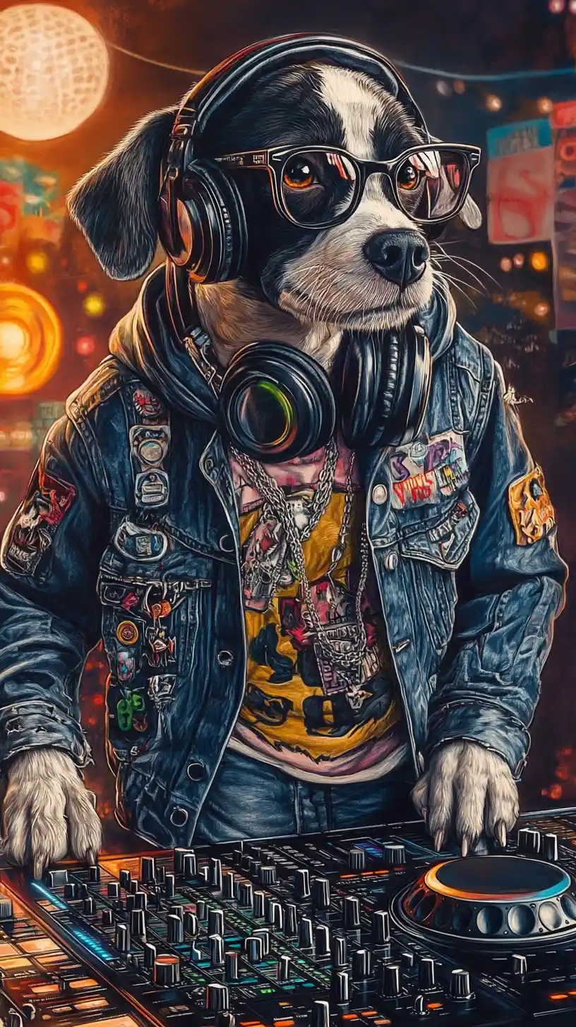 Perro DJ genial con auriculares en una vibrante escena de discoteca