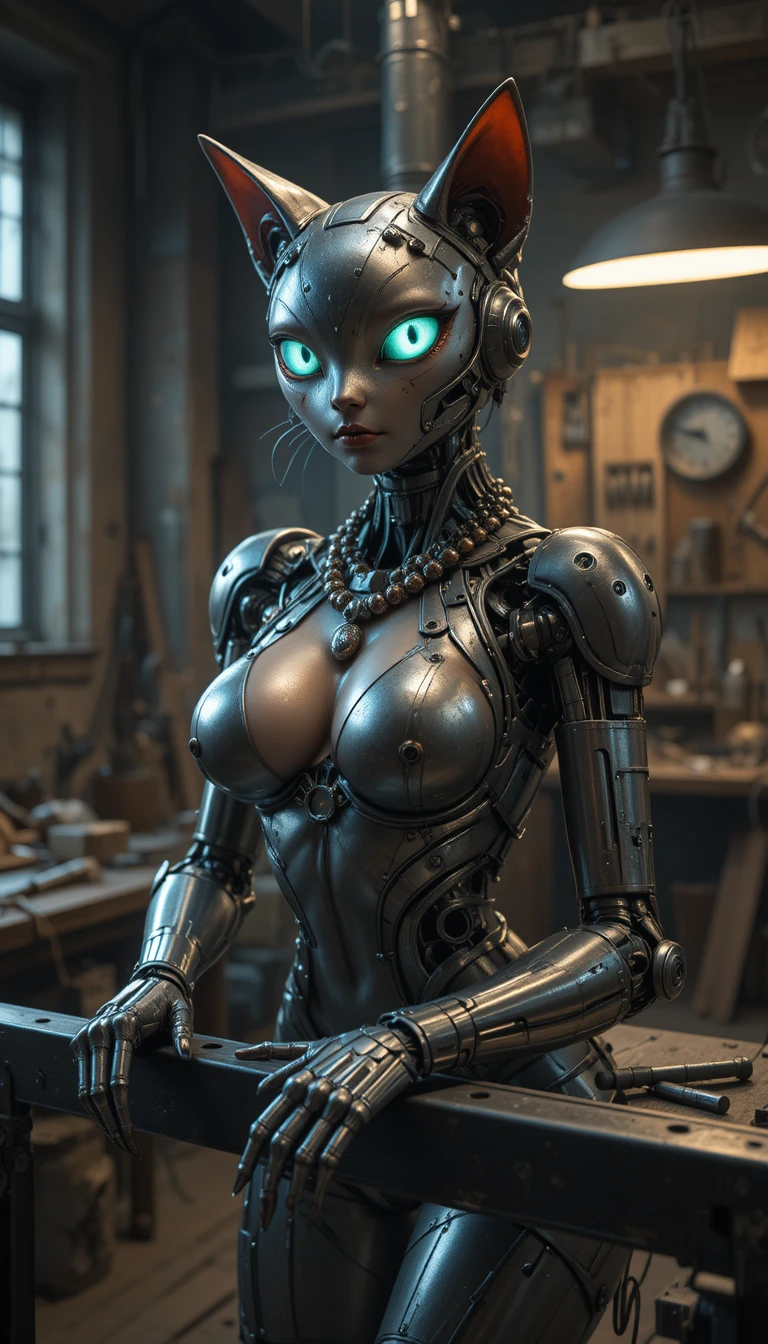 Steampunk feline robot woman leaning over a dark metal bar