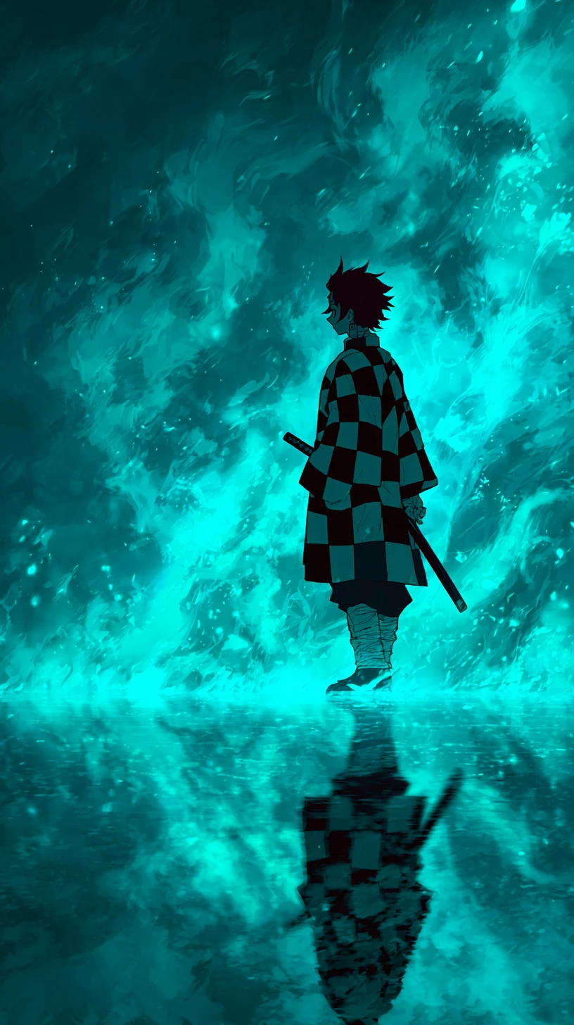Anime swordsman in a glowing turquoise ethereal realm