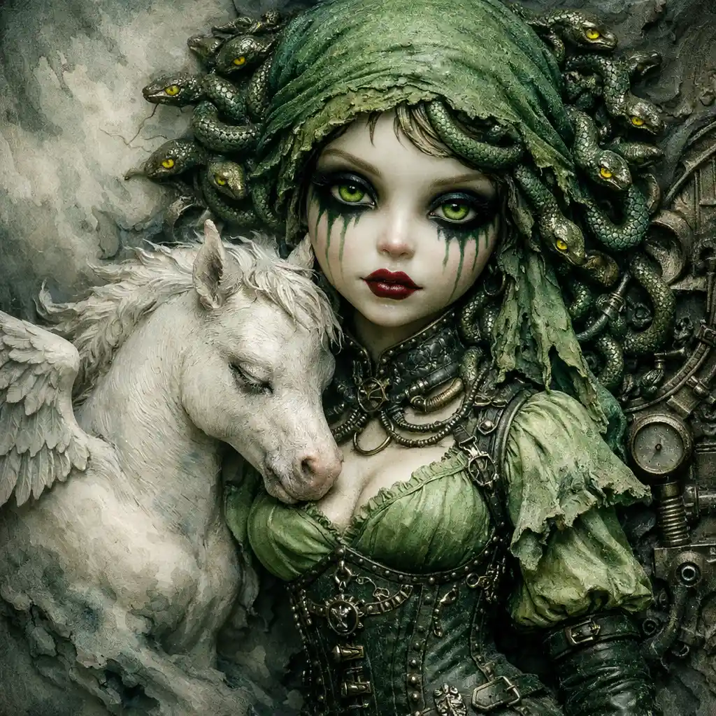 Primo piano di donna fantasy con capelli di serpenti e puledro di pegaso