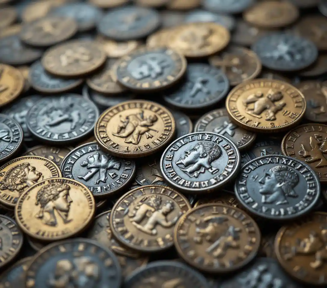Macro close up of ancient Roman gold and silver coins