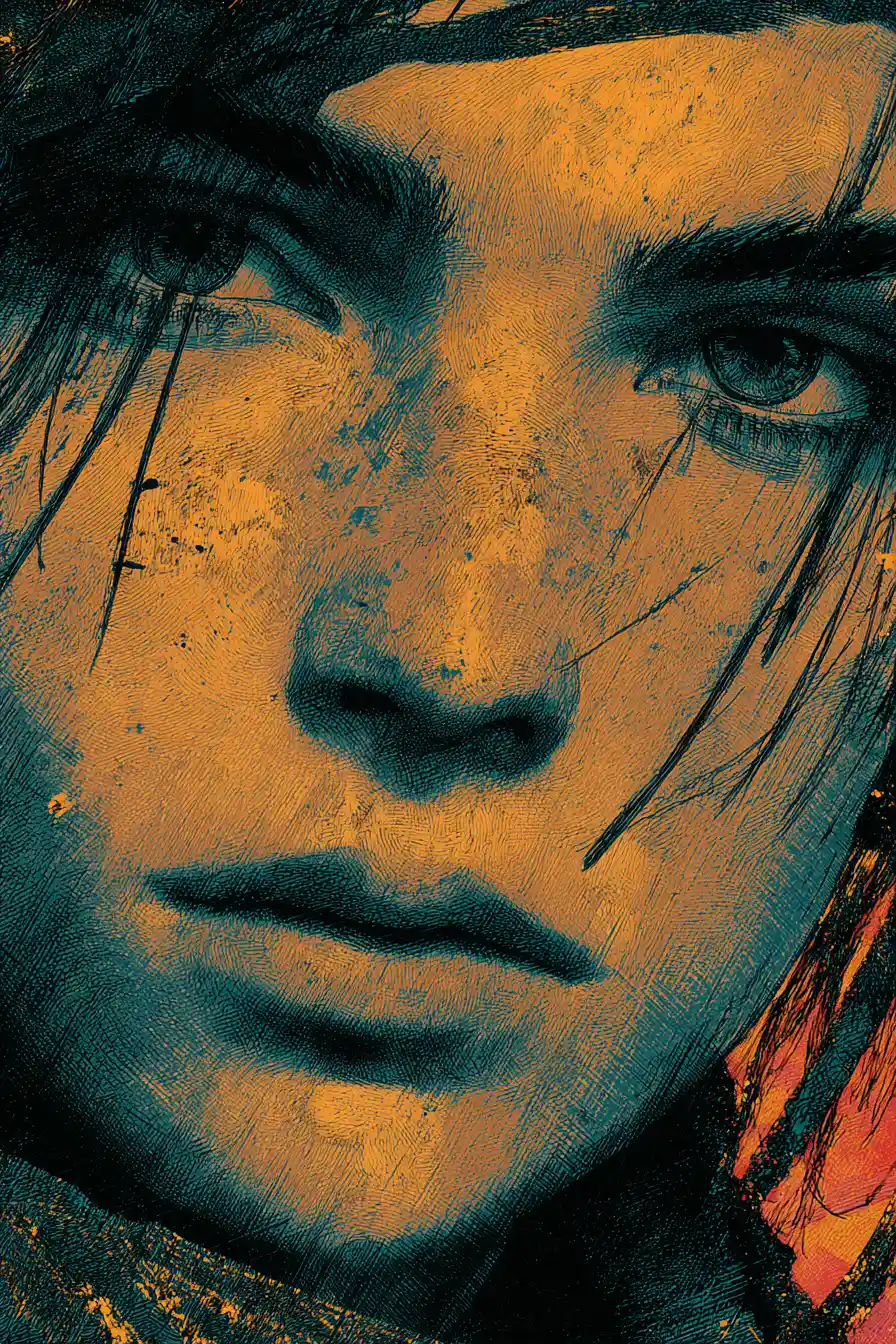 Ritratto cyberpunk in stile manga di una giovane donna introspettiva e cupa
