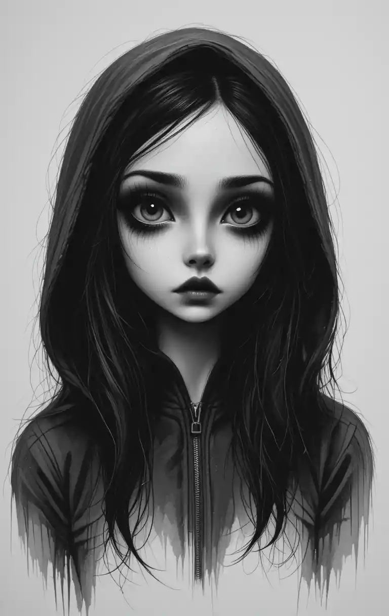 Monochrome portrait of a mysterious girl with dark doll like eyes