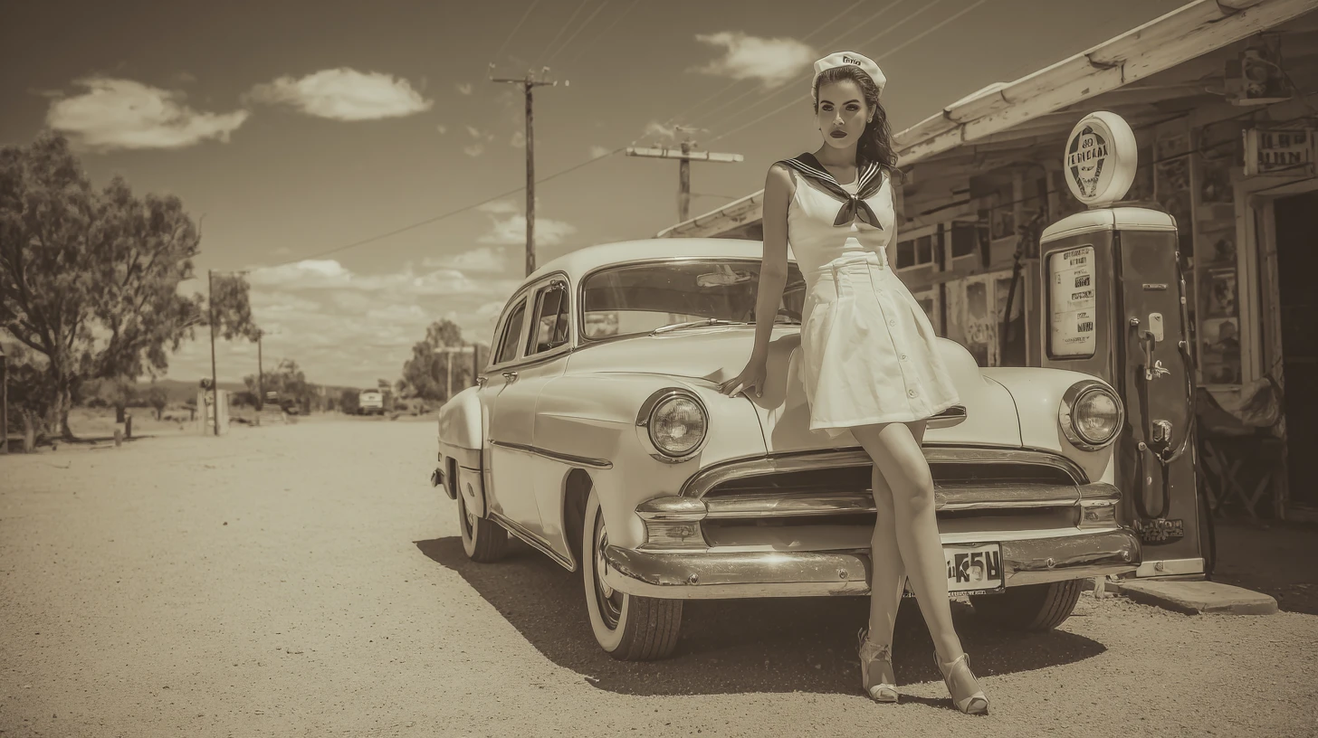 Giovane donna in abito da marinaia accanto a un'auto classica anni '50