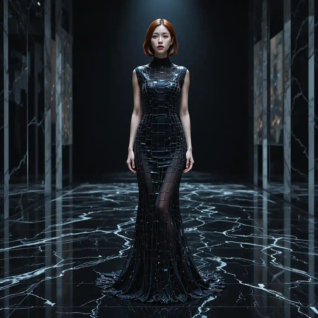 Korean woman in binary glass shutter gown on black marble