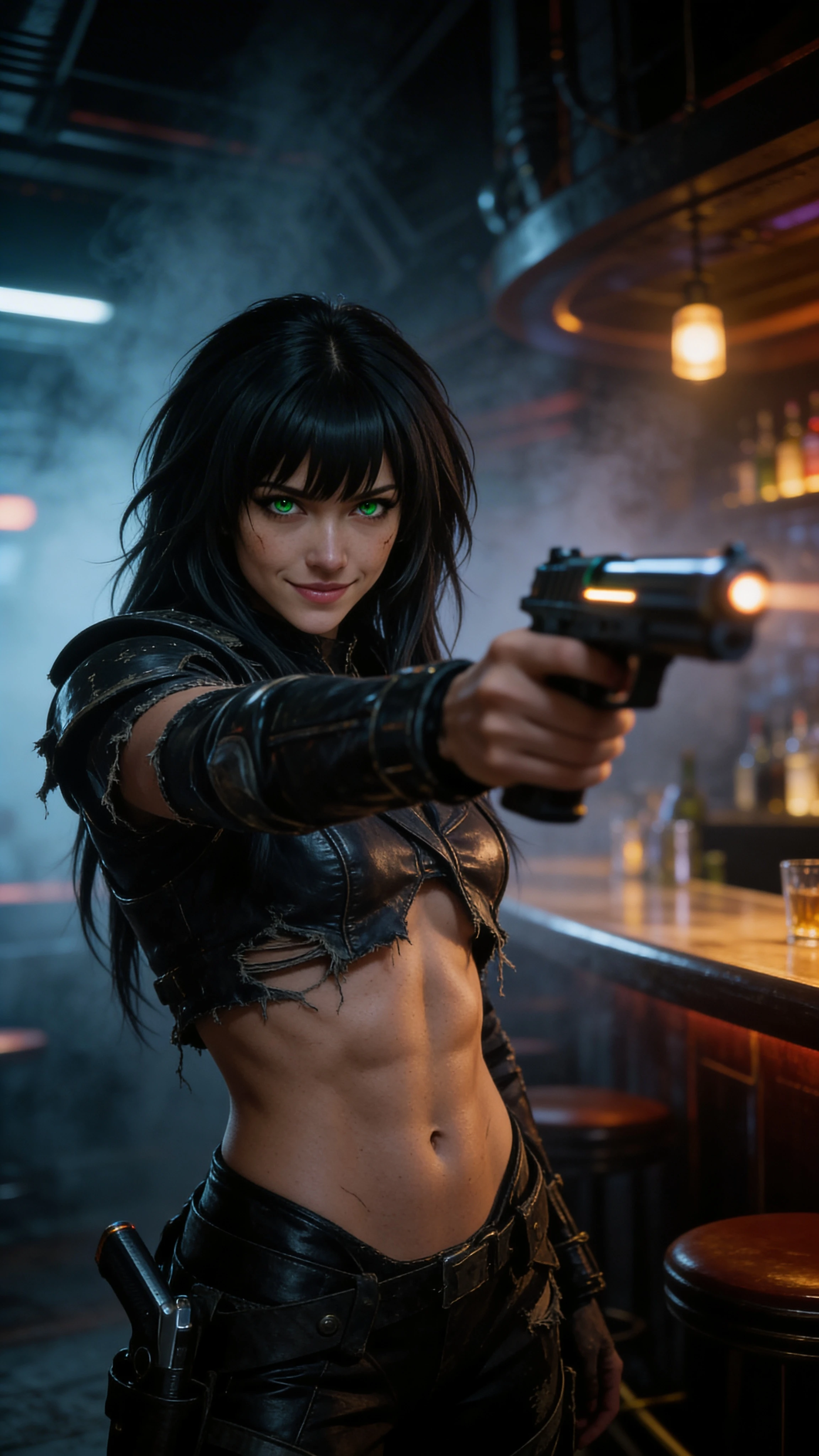 Sci fi captain facing her nemesis in a smoky space bar