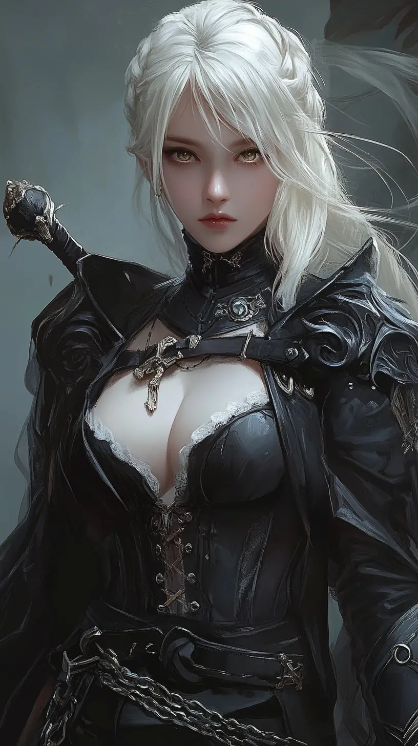 Weißhaarige Anime-Frau mit schwarzen Flügeln im goldenen Gothic-Stil