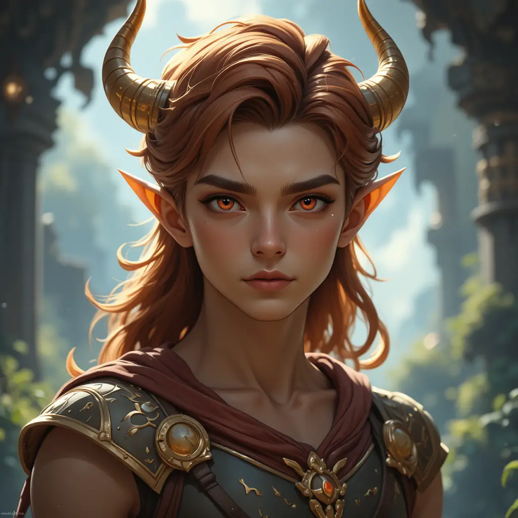 Young fantasy boy with long red hair and horns
