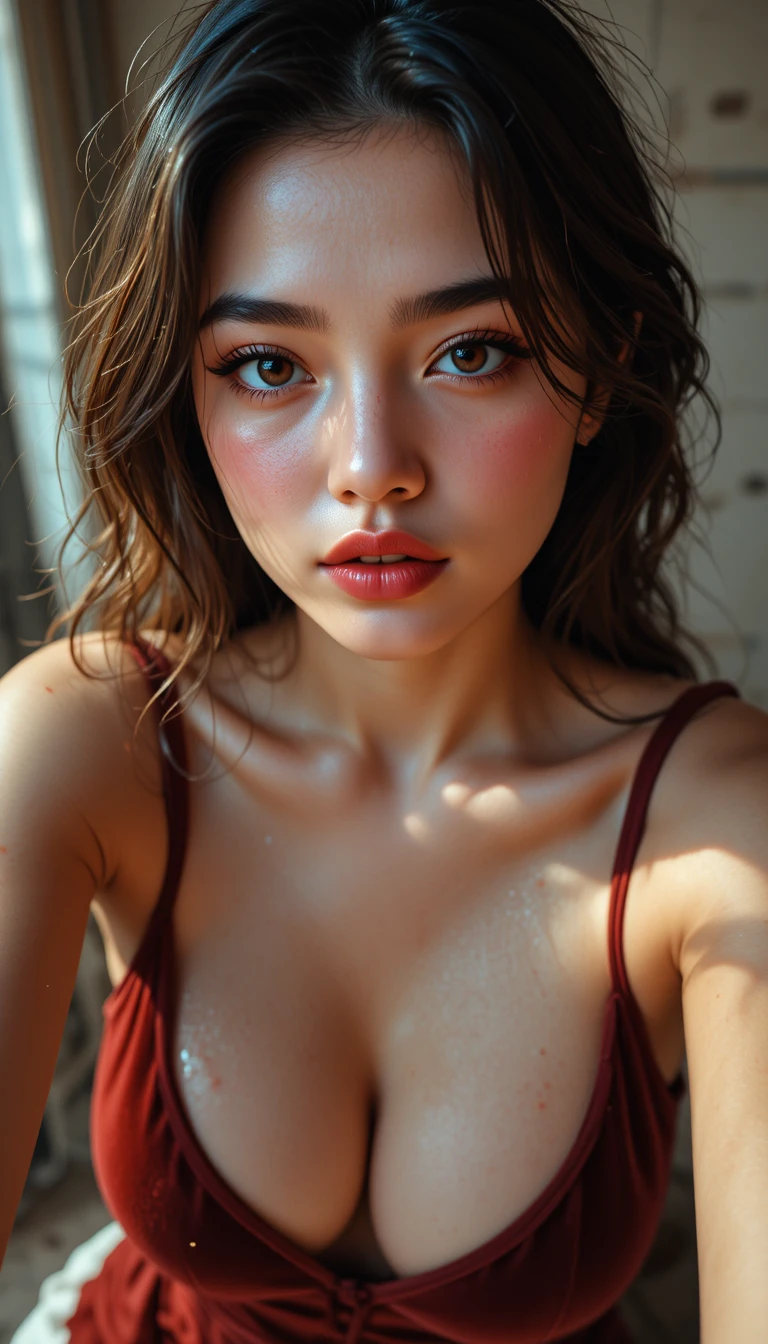 Selfie en gros plan d’une jeune femme aux cheveux ondulés mouillés