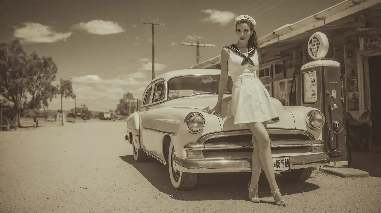 Giovane donna in abito da marinaia accanto a un'auto classica anni '50