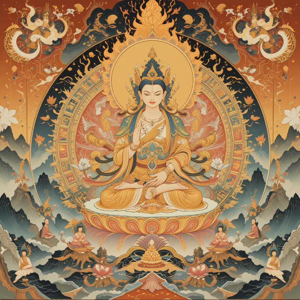 Deidade budista esotérica em um mandala dourado no estilo Yamato-e