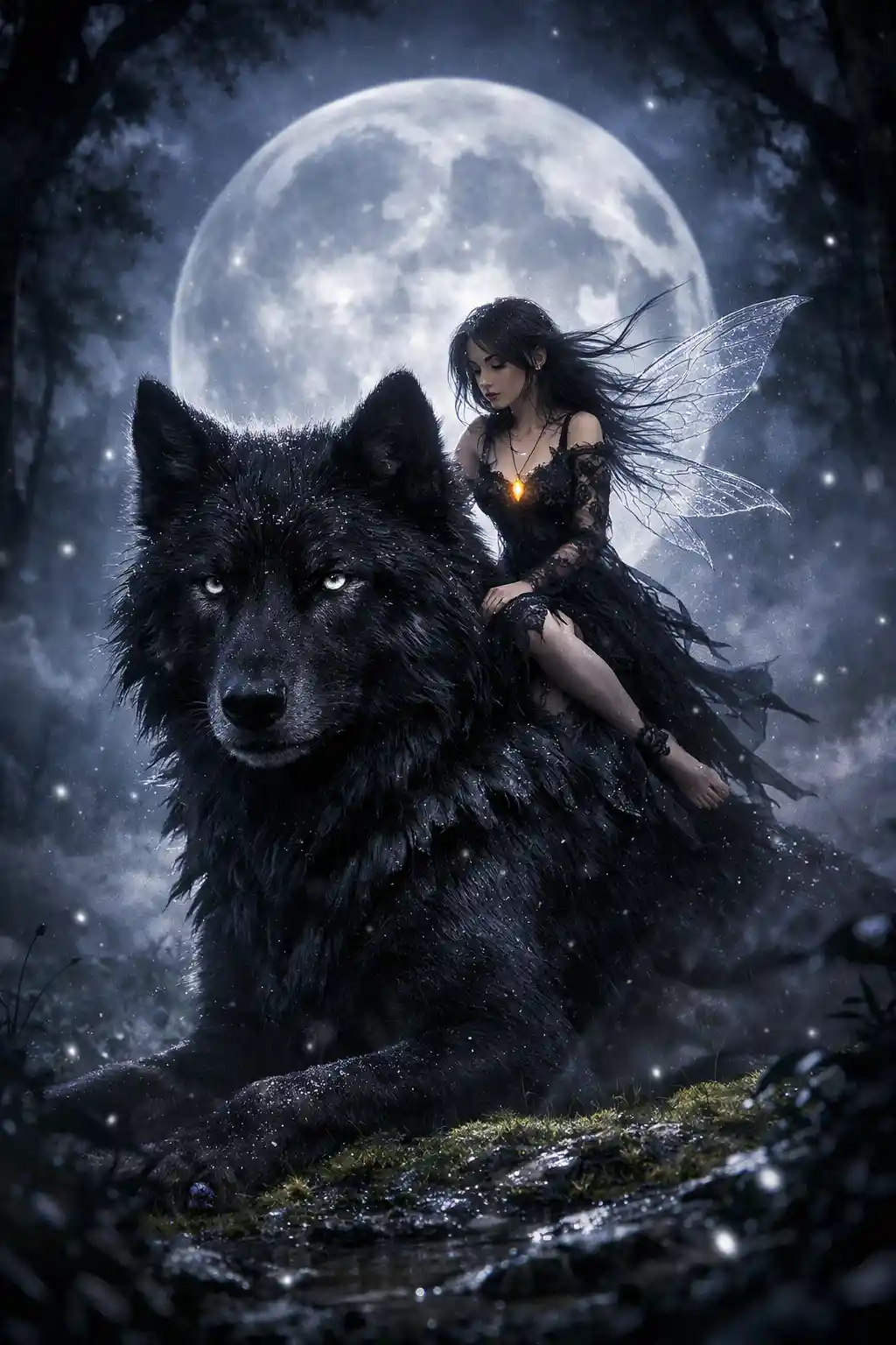 Wolf and fairy under a luminous full moon in forest