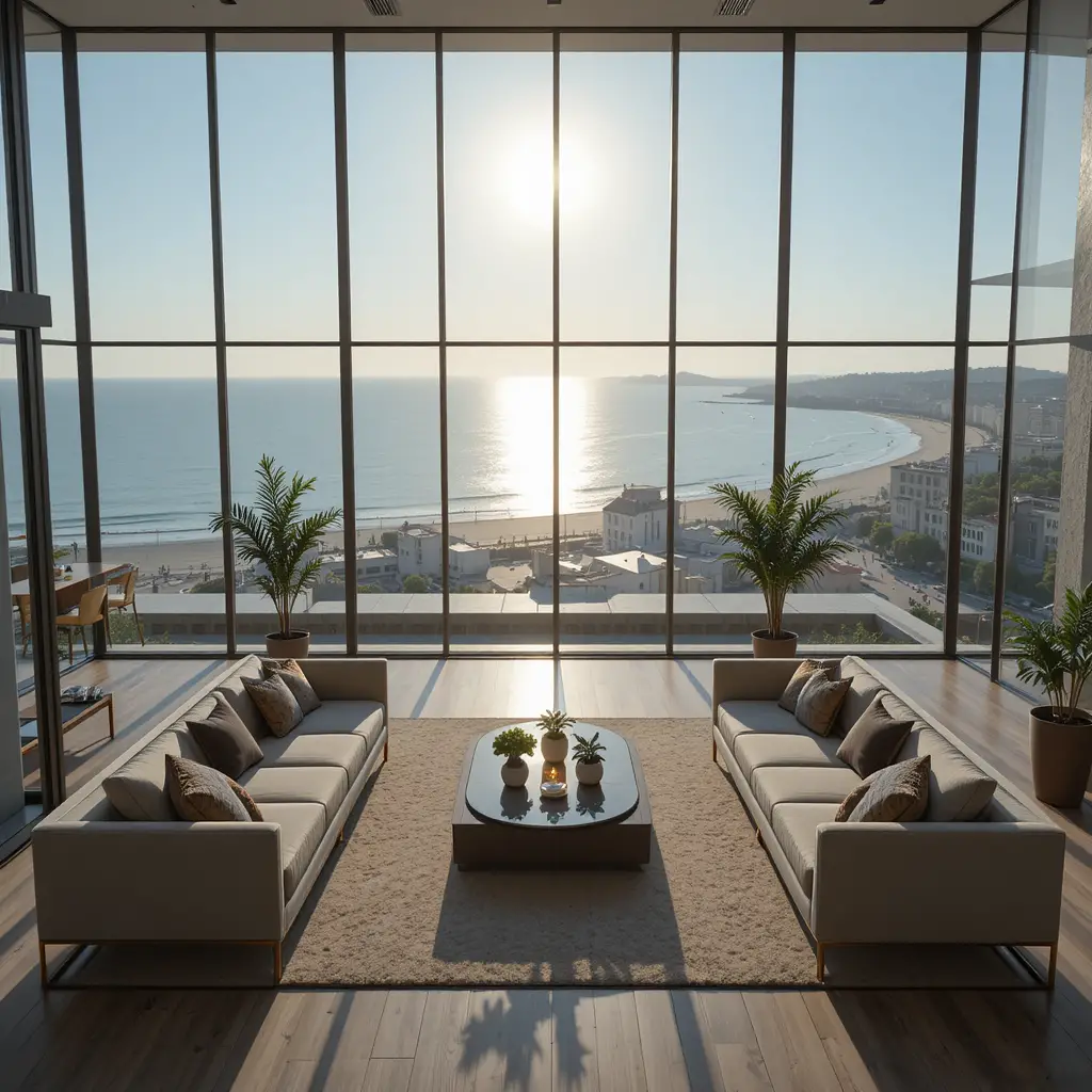 Luxury living room with panoramic oceanfront sunset view