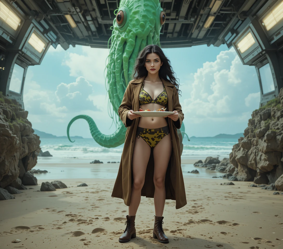 Mujer cyberpunk en bikini de camuflaje en interior iluminado con neón