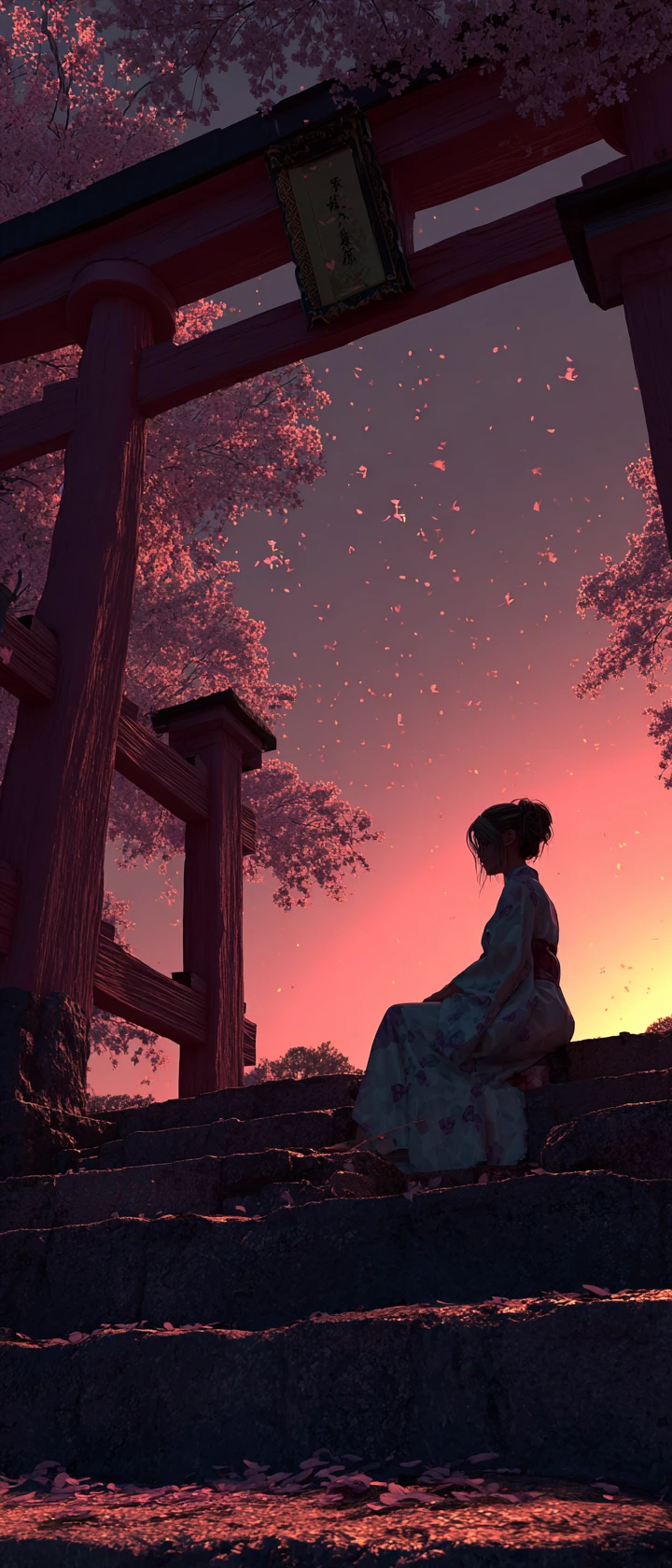 Woman grieving on shrine steps under drifting cherry blossoms