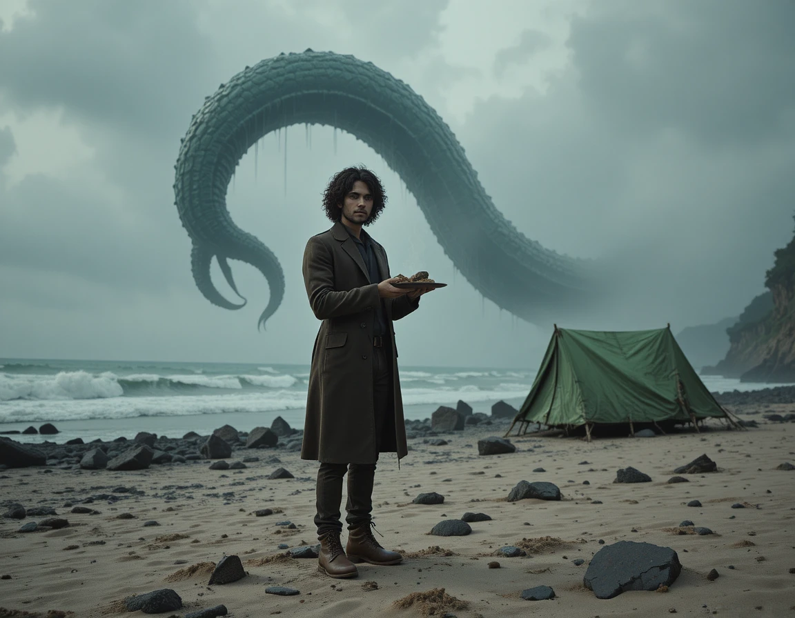 Lone man on desolate shore with towering sea tentacle