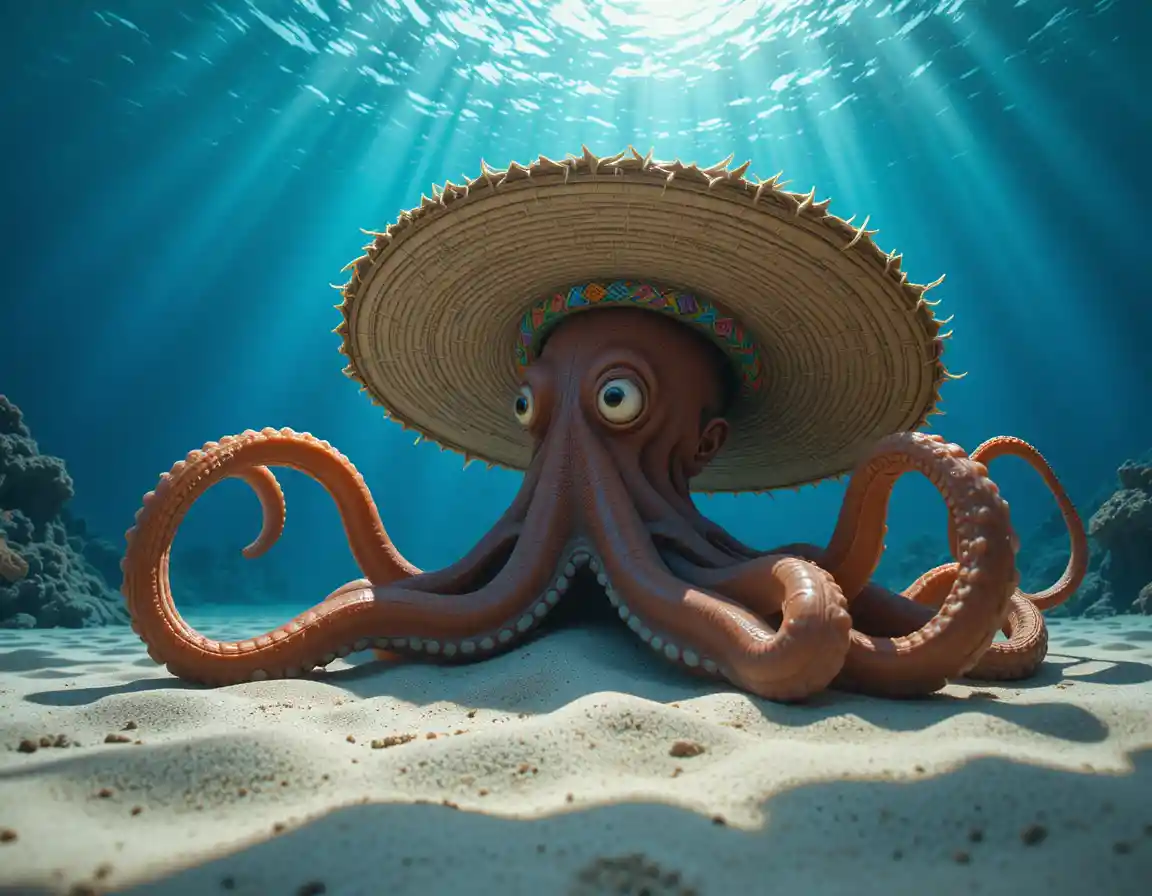 Brown octopus in sombrero on sandy ocean floor