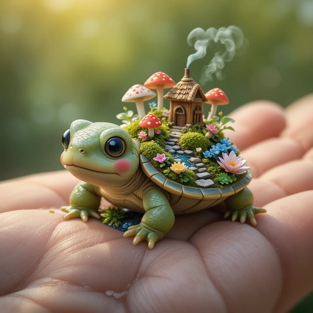 Tiny turtle carrying a magical garden world on its shell