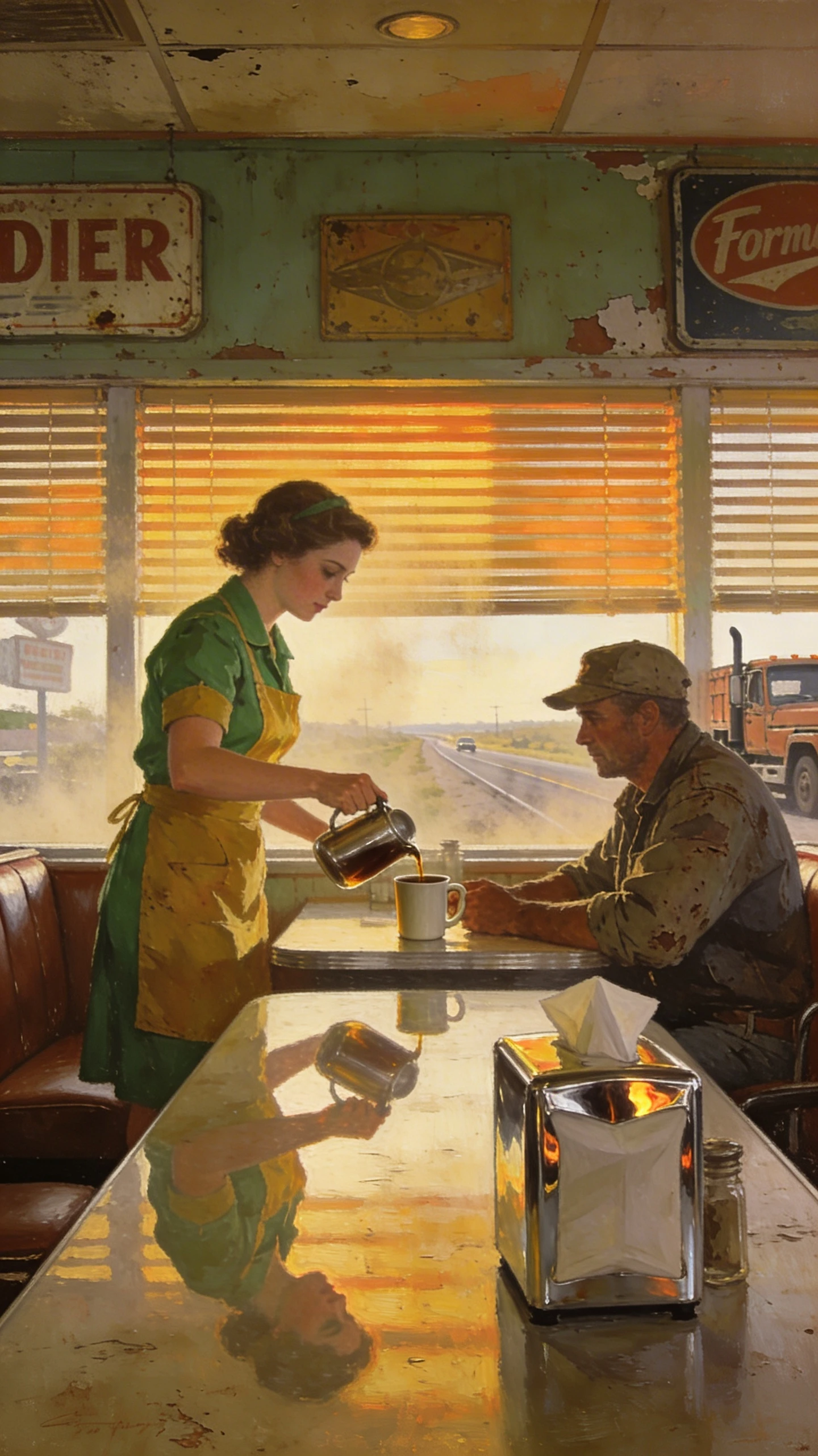 Waitress refilling coffee in a quiet 1950s roadside diner
