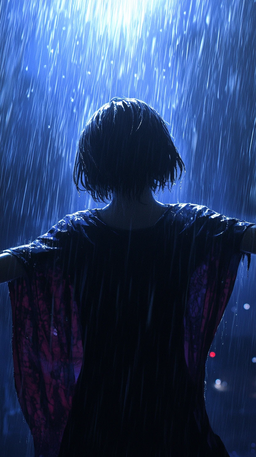 Anime girl embracing the rain under a glowing halo light