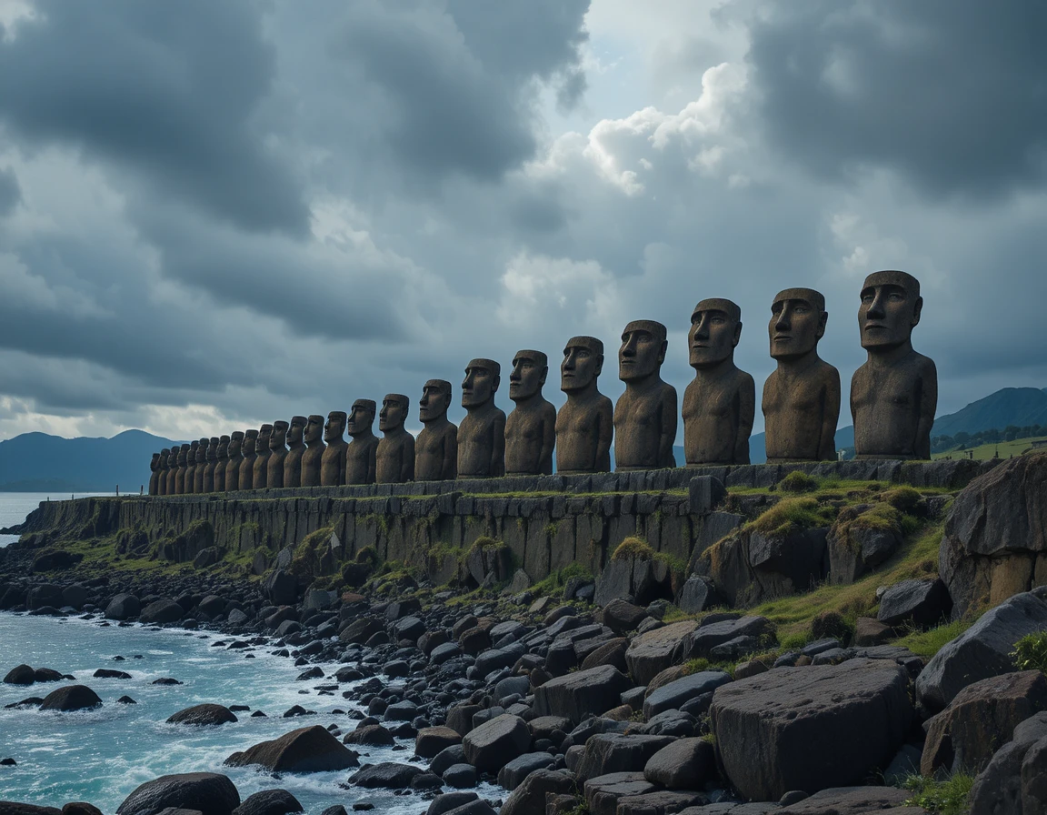 Ancient moai statues overlooking a stormy rocky Pacific coast