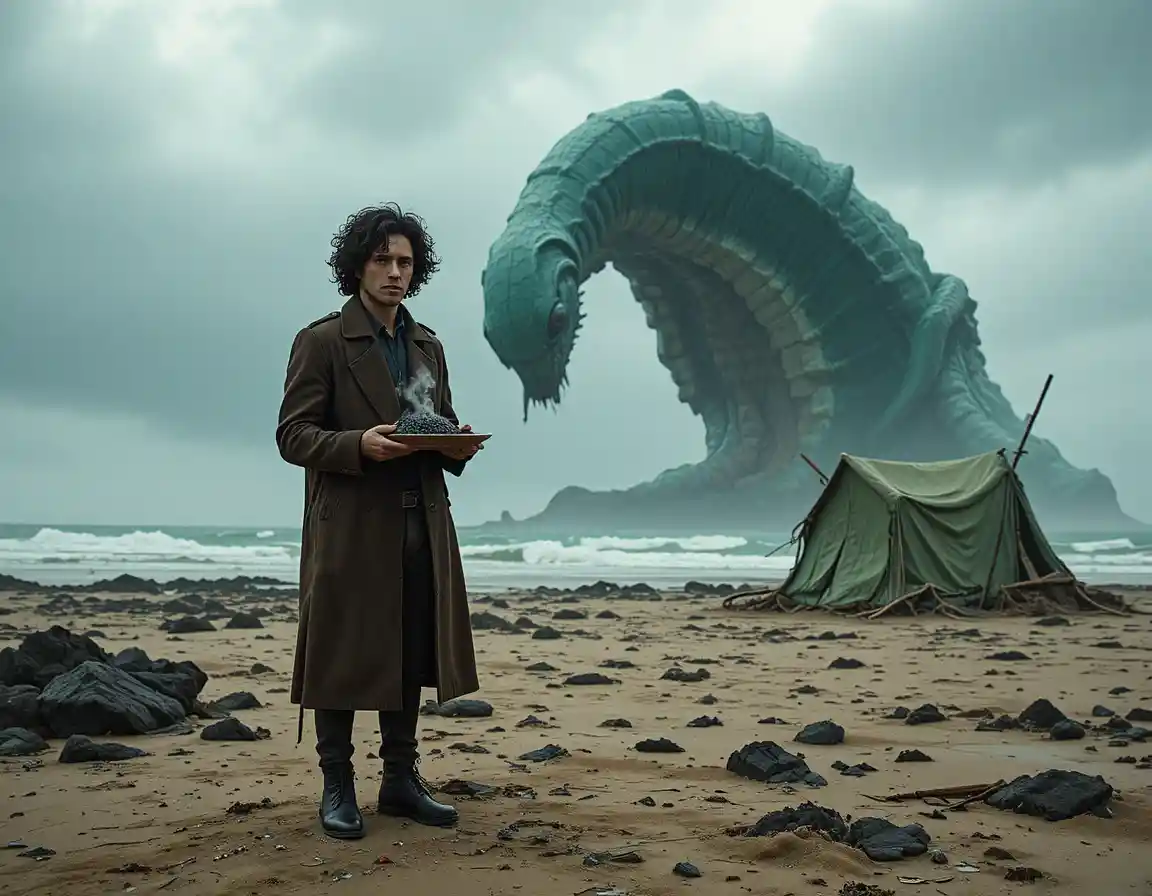 Solitary man on desolate shore holding steaming plate