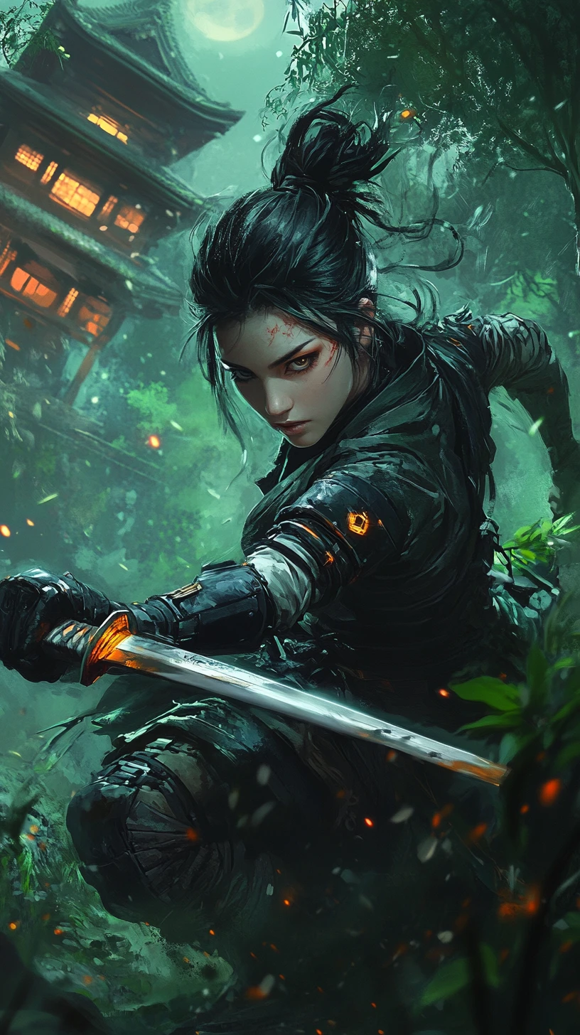 Guerriera anime con katana in una giungla al neon