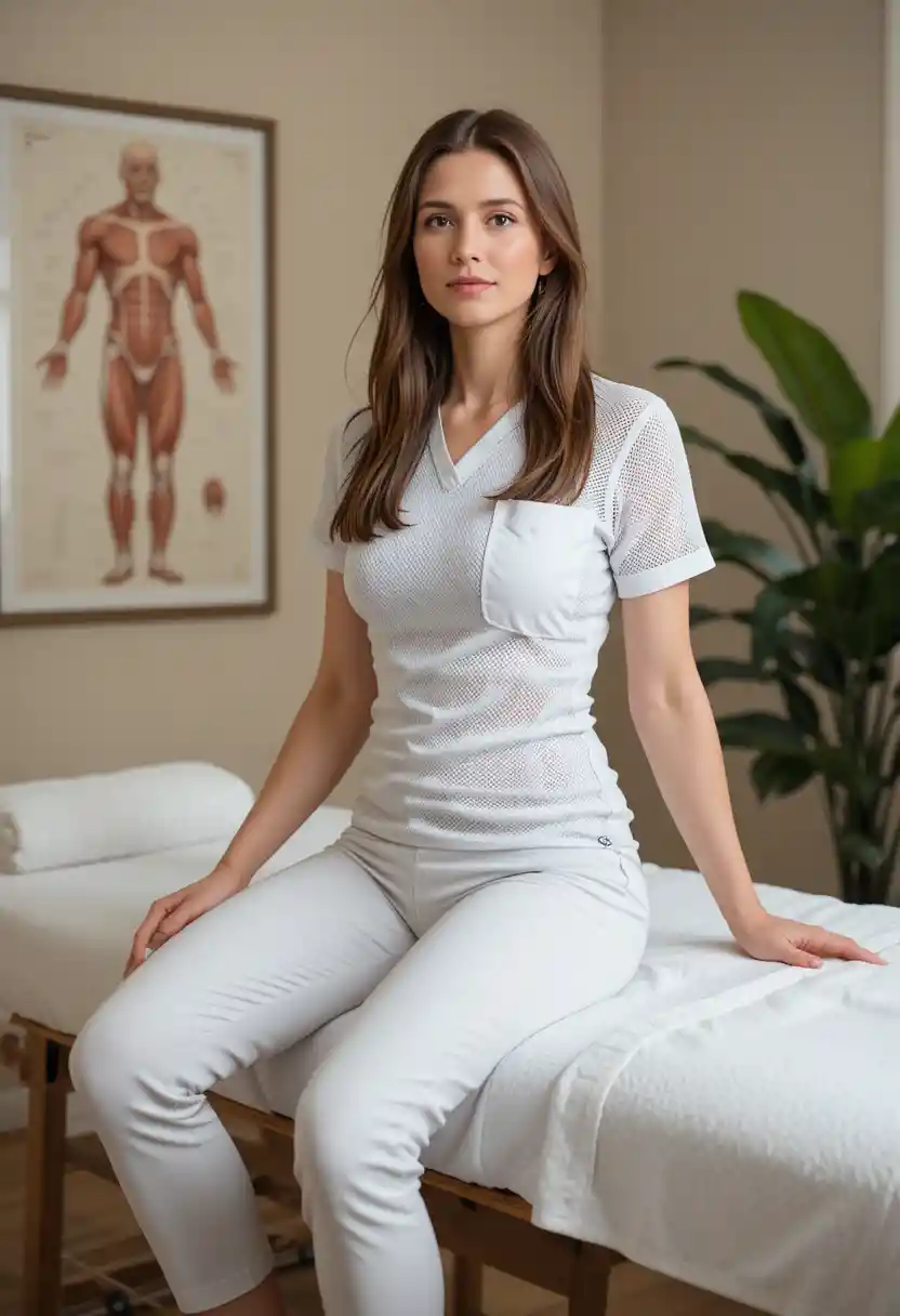 Woman in white medical uniform sitting on massage table