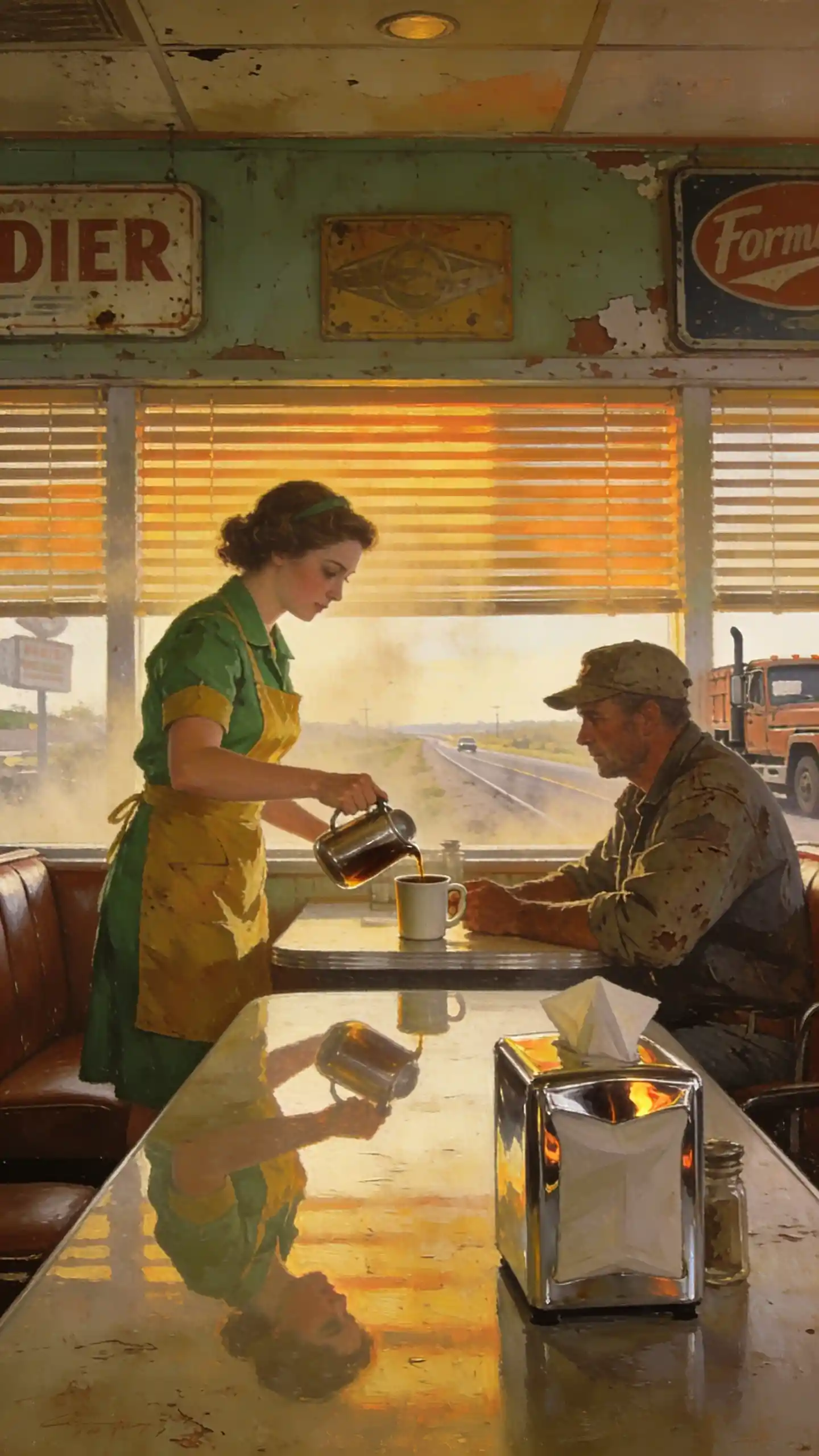 Waitress refilling coffee in a quiet 1950s roadside diner