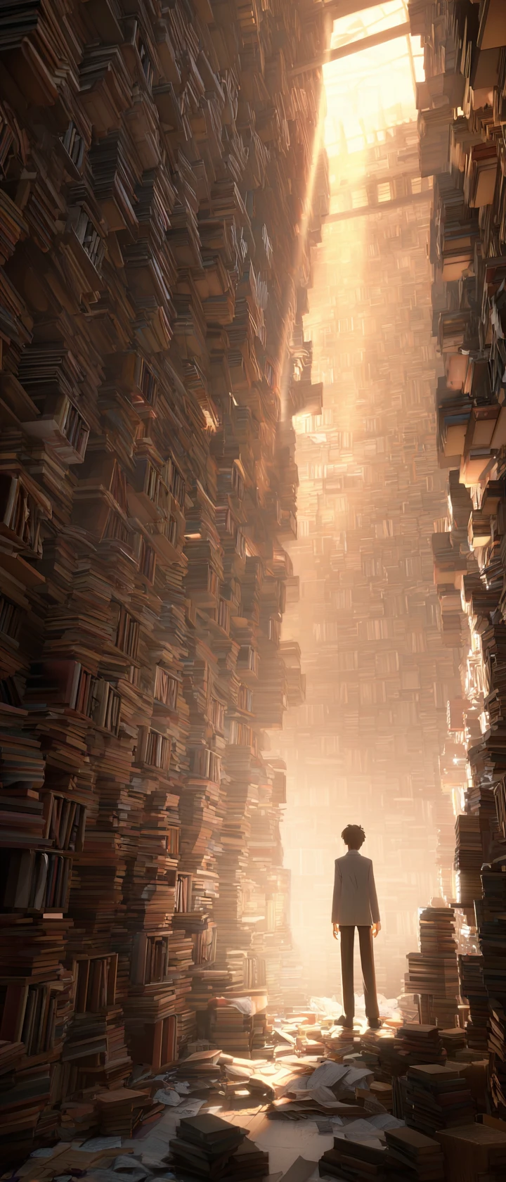 Young man standing alone in sunlit library stacks