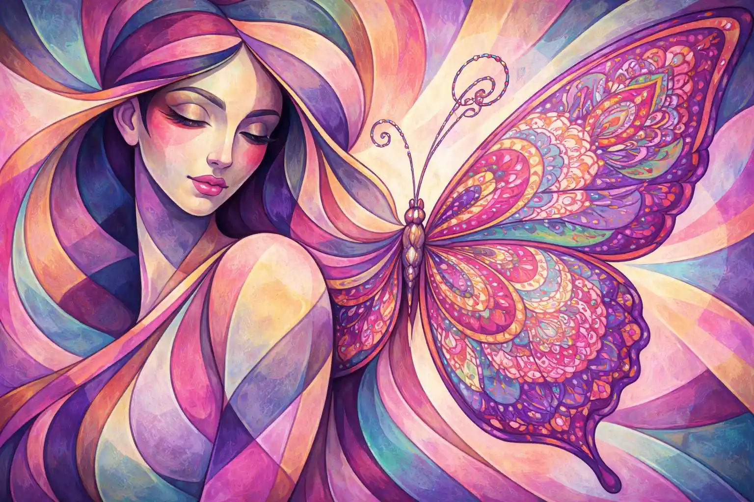 Cubist woman with butterfly and mandala patterned wings