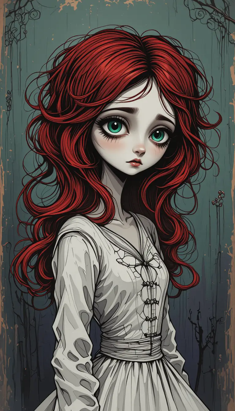 Pale red haired girl with big sad green eyes portrait