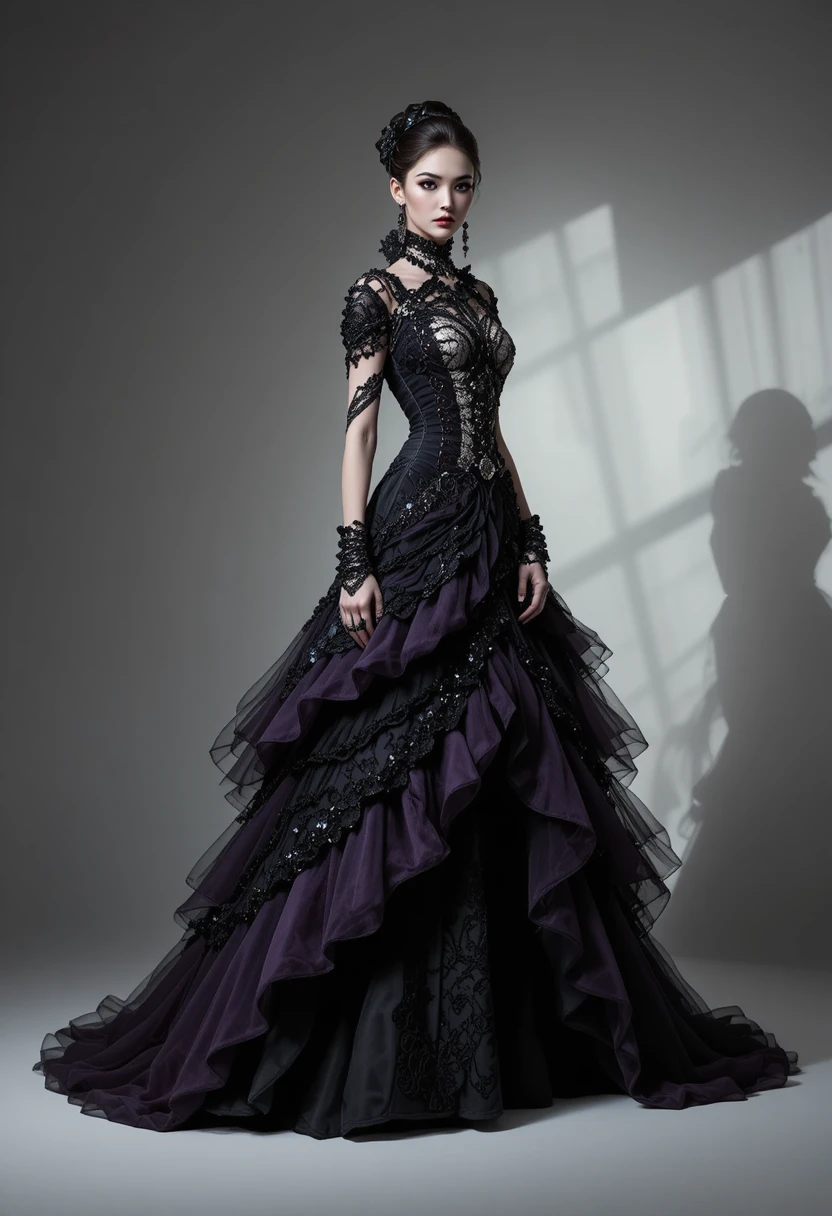 Gothic-Model in skulpturalem schwarzen und violetten Kleid