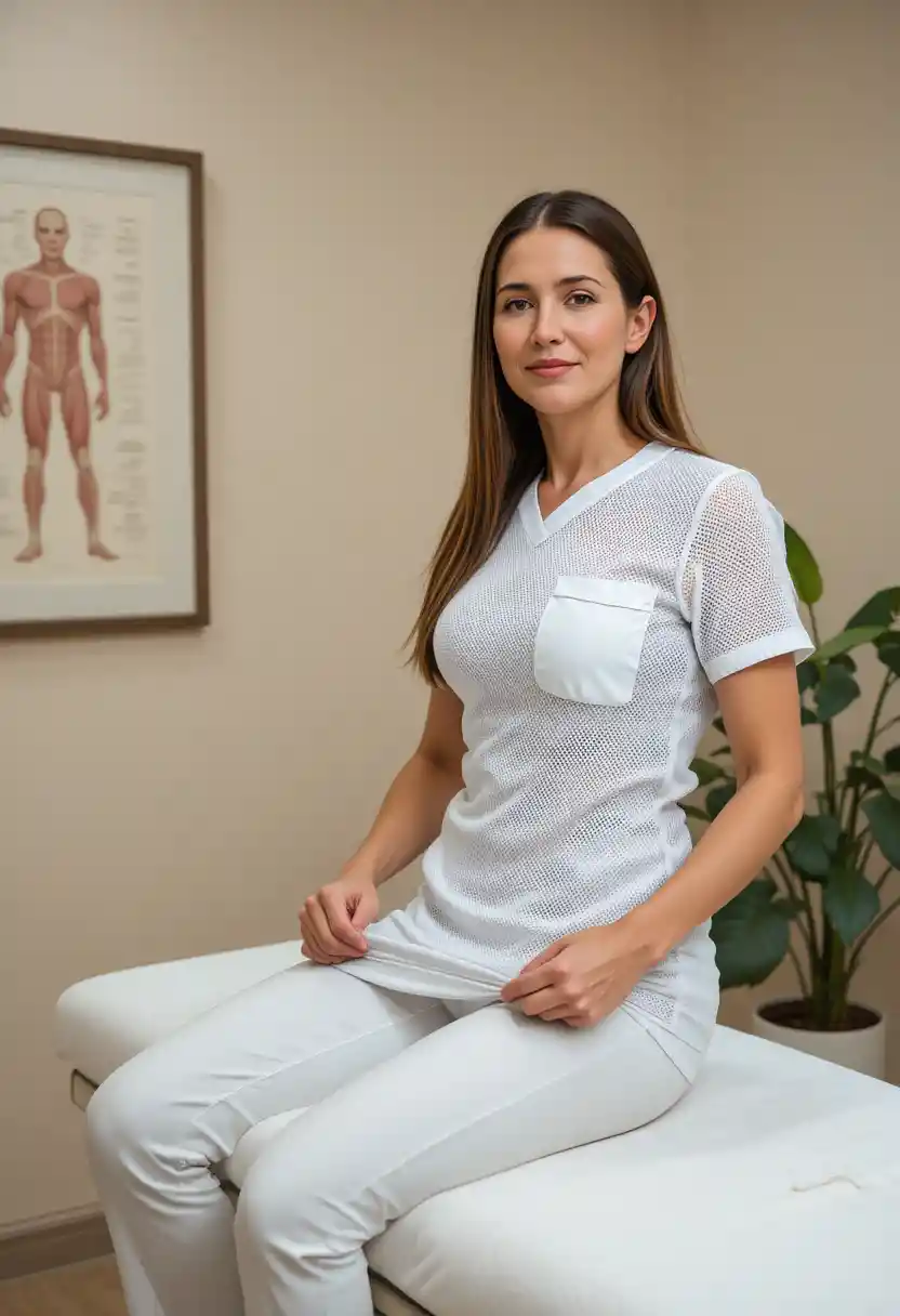 Donna in camice medico bianco seduta sul lettino da massaggio