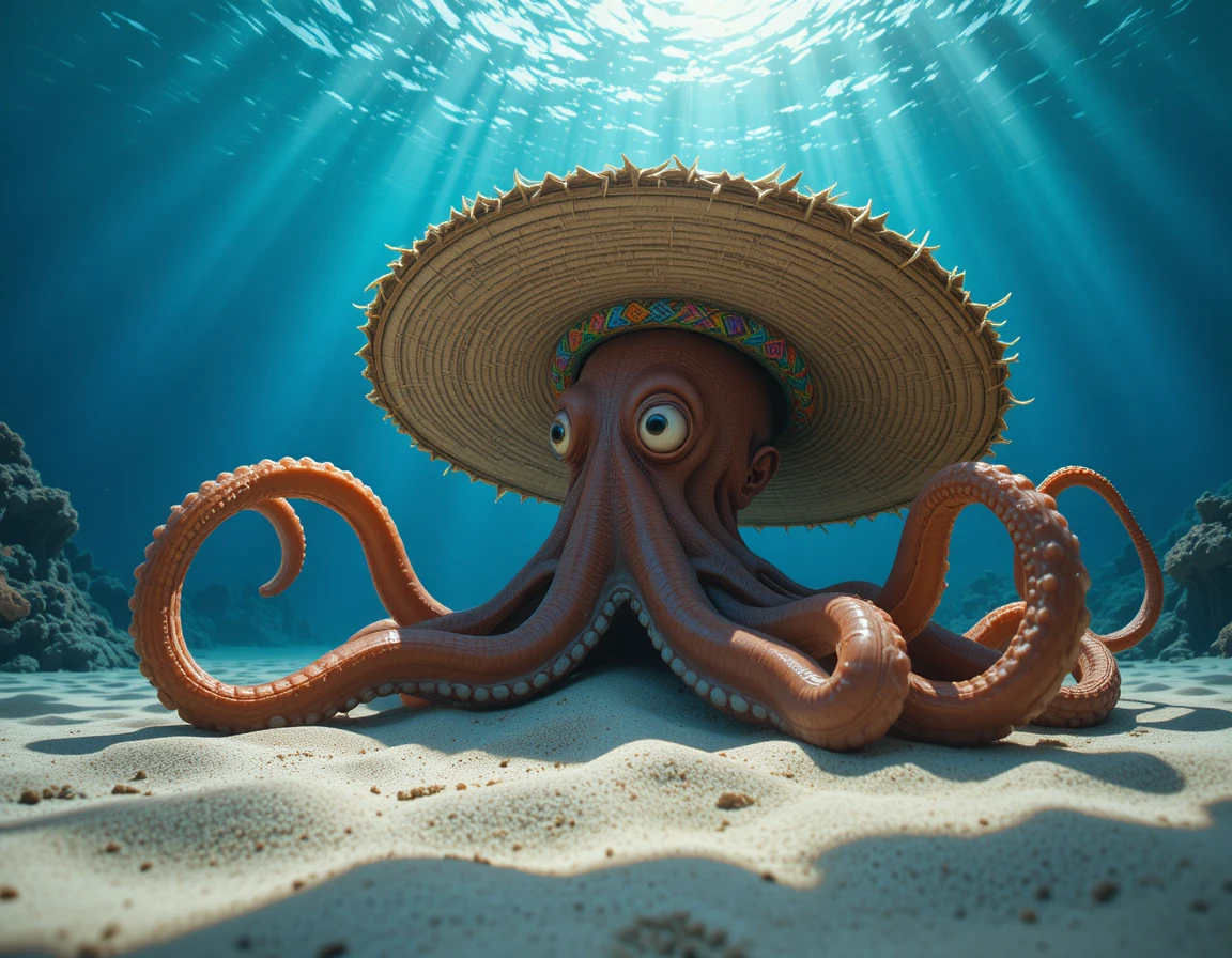 Poulpe brun avec sombrero sur un fond marin sableux