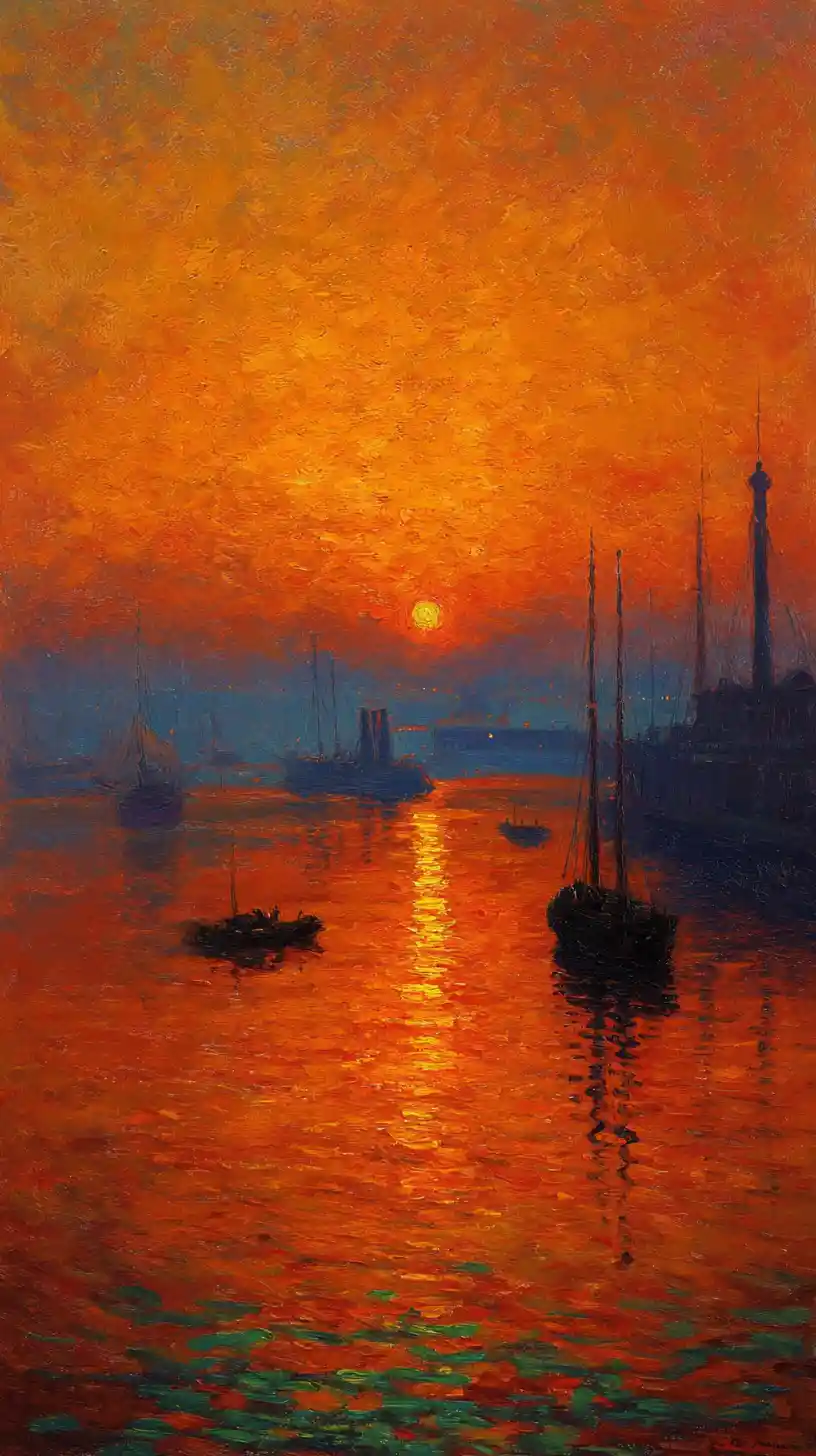 Impressionistischer Sonnenaufgang über einem ruhigen Hafen mit Bootssilhouetten